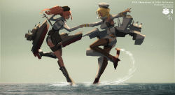 Rule 34 | 2girls, atlanta (kancolle), blonde hair, boots, breasts, brown hair, character name, closed eyes, dancing, dated, detached sleeves, from side, full body, garrison cap, harusame tsubaki, hat, holding hands, houston (kancolle), kantai collection, long hair, long sleeves, medium hair, multiple girls, ocean, one-hour drawing challenge, open mouth, outdoors, profile, rigging, rudder footwear, signature, skirt, suspender skirt, suspenders, thighhighs, twintails, twitter username, water