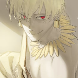 Rule 34 | 1boy, ass2565, bad id, bad pixiv id, blonde hair, earrings, fate/zero, fate (series), gilgamesh (fate), gradient background, jewelry, male focus, monochrome, necklace, red eyes, slit pupils, smile, solo, toga