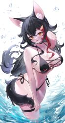 Rule 34 | 1girl, absurdres, animal ear fluff, animal ears, arm up, bikini, black bikini, black choker, black hair, blush, boots, breasts, brown eyes, choker, cleavage, cowboy shot, duplicate, hair ornament, hairclip, halterneck, hands in hair, head tilt, higashigure, highres, hololive, large breasts, long hair, looking at viewer, multicolored hair, navel, ookami mio, open mouth, red hair, side-tie bikini bottom, smile, solo, stomach, streaked hair, string bikini, swimsuit, tail, thigh boots, very long hair, virtual youtuber, wading, water, wolf ears, wolf girl, wolf tail