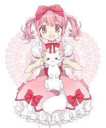 Rule 34 | 1girl, :d, adapted costume, alternate hairstyle, ayumaru (art of life), bare arms, bubble skirt, center frills, cheek pull, creature, curly hair, dot nose, dress, flat chest, frilled dress, frilled sleeves, frills, hair between eyes, hair ribbon, happy, high collar, holding, holding creature, kaname madoka, kyubey, legs together, light blush, lolita fashion, looking at viewer, mahou shoujo madoka magica, mahou shoujo madoka magica (anime), neck ribbon, open mouth, patterned background, pink background, pink eyes, pink hair, pink ribbon, pink theme, puffy short sleeves, puffy sleeves, ribbon, short dress, short sleeves, sidelocks, simple background, skirt, smile, solo, sweet lolita, tareme, thighhighs, twintails, two-tone background, white background, white thighhighs, zettai ryouiki
