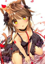 Rule 34 | 1girl, animal ears, areola slip, black collar, black dress, black flower, black rose, blush, breasts, brown hair, cat ears, cat tail, collar, commentary request, dark-skinned female, dark skin, downblouse, dress, flower, from above, hair flower, hair ornament, highres, leash, long hair, looking at viewer, nipple slip, nipples, no bra, original, parted lips, petals, rose, rose petals, simple background, sitting, small breasts, solo, tail, v arms, white background, yanagi yuu, yellow eyes