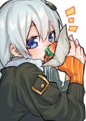Rule 34 | 1girl, black jacket, blue eyes, blush, burger, eating, food, food on face, grey hair, hair between eyes, hair ornament, highres, holding, holding food, jacket, kizuna akari, long hair, long sleeves, looking at viewer, notice lines, sho bu 1116, simple background, solo, upper body, vocaloid, voiceroid, white background