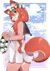 Rule 34 | 1girl, absurdres, animal ears, bare arms, blue sky, border, bracelet, braid, brown fur, cloud, cloudy sky, collared dress, commentary request, cowboy shot, dress, flower, fox ears, fox tail, furry, furry female, green eyes, hair ornament, hair over shoulder, highres, holding, jewelry, kameno sachi, long hair, looking at viewer, looking back, low-braided long hair, low-tied long hair, original, outside border, pointy ears, red hair, sailor collar, single braid, sky, sleeveless, smile, solo, standing, tail, white border