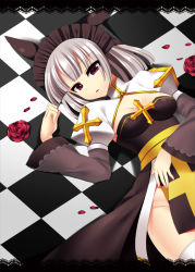 Rule 34 | 1girl, arch bishop (ragnarok online), black dress, black headdress, breasts, checkered floor, cleavage, cleavage cutout, clothing cutout, commentary request, cowboy shot, cross, dress, flower, grey hair, headdress, juliet sleeves, long sleeves, looking at viewer, medium breasts, medium hair, miya (chocolate holic), no panties, on floor, open mouth, puffy sleeves, ragfes, ragnarok online, red eyes, red flower, rose, sash, solo, thighhighs, two-tone dress, white dress, white thighhighs, yellow sash