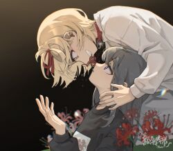 Rule 34 | 2girls, black background, black hair, blonde hair, chinese commentary, collar, commentary request, eye contact, flower, flower in mouth, grin, hair ribbon, hand on another&#039;s neck, highres, inoue takina, long hair, looking at another, lycoris recoil, mouth hold, multiple girls, nishikigi chisato, orange eyes, purple eyes, ribbon, shirt, short hair, simple background, smile, spider lily, yanlingjinshilihuahua, yuri