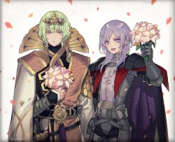 Rule 34 | 2boys, bouquet, byleth (fire emblem), byleth (male) (fire emblem), cherry blossoms, cloak, crown, fire emblem, fire emblem: three houses, flower, green eyes, green hair, high collar, highres, holding, jewelry, makeup, multiple boys, nintendo, open mouth, purple eyes, purple hair, ring, short hair, simple background, smile, white background, xx mami xx, yuri leclerc