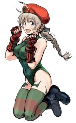 Rule 34 | 1girl, :d, bad id, bad pixiv id, beret, blue eyes, braid, braided ponytail, breasts, brown hair, cammy white, cammy white (cosplay), capcom, cosplay, covered navel, fingerless gloves, gloves, hat, kirusu, large breasts, leotard, long hair, lynette bishop, open mouth, patterned legwear, single braid, smile, solo, street fighter, strike witches, striped clothes, striped thighhighs, tattoo, thighhighs, world witches series