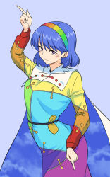 Rule 34 | 1girl, blue hair, cape, commentary request, cowboy shot, dress, hairband, highres, kakone, multicolored clothes, multicolored dress, multicolored hairband, one-hour drawing challenge, pointing, pointing up, purple eyes, sky print, smile, solo, tenkyuu chimata, touhou, two-tone cape, white cape