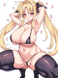 Rule 34 | 1boy, 1girl, absurdres, armpits, bikini, black bikini, black ribbon, black thighhighs, blonde hair, blush, breasts, cleavage, collarbone, fate testarossa, hair ribbon, highres, huge breasts, large breasts, long hair, looking at viewer, lyrical nanoha, mahou shoujo lyrical nanoha, micro bikini, mitomumitomu, open mouth, presenting armpit, red eyes, ribbon, solo, spread legs, squatting, swimsuit, thighhighs, twintails