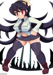 Rule 34 | 1girl, absurdres, bluefrok, blush, breasts, eyebrows hidden by hair, filia (skullgirls), full body, hands on own hips, highres, large breasts, long hair, looking at viewer, navel, necktie, pleated skirt, plump, red eyes, school uniform, skirt, skullgirls, solo, thick thighs, thighhighs, thighs, white background, wide hips