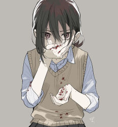 Rule 34 | 1girl, bags under eyes, black hair, black skirt, blood, blood on clothes, blood on hands, brown eyes, brown sweater vest, collared shirt, commentary request, covering own mouth, furrowed brow, grey background, hair behind ear, hair over eyes, hand on own face, hands up, highres, leaning forward, long hair, looking at viewer, low ponytail, nervous sweating, nosebleed, original, pleated skirt, shaded face, shirt, signature, simple background, skirt, sleeves rolled up, solo, sweat, sweater vest, toyosaka, upper body, white shirt