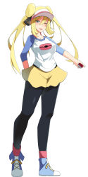 Rule 34 | 1girl, ;d, arm behind back, black pantyhose, blonde hair, blue footwear, blue shirt, blue sleeves, blush, breasts, collarbone, cosplay, creatures (company), cynthia (pokemon), double bun, full body, game freak, grey eyes, hair between eyes, hair bun, hair ornament, hat, highres, holding, holding poke ball, legs, legs apart, long hair, looking at viewer, medium breasts, mituyota 76, nintendo, one eye closed, open mouth, outstretched arm, pantyhose, pantyhose under shorts, pink hat, pink socks, poke ball, poke ball (basic), poke ball print, pokemon, pokemon bw2, pokemon dppt, print shirt, raglan sleeves, rosa (pokemon), rosa (pokemon) (cosplay), shirt, shoelaces, shoes, short shorts, shorts, simple background, sleeves past elbows, smile, sneakers, socks, solo, standing, visor cap, white background, white shirt, yellow shorts