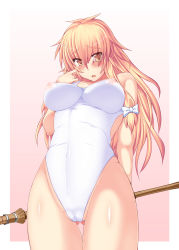 Rule 34 | 1girl, blonde hair, blush, breasts, cameltoe, cleft of venus, covered erect nipples, fat mons, female focus, gluteal fold, highleg, highleg swimsuit, hisui (stapspats), kirisame marisa, large breasts, nipples, one-piece swimsuit, see-through, solo, swimsuit, thigh gap, thighs, touhou, yellow eyes