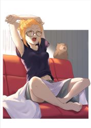Rule 34 | 1girl, absurdres, armpits, arms behind head, arms up, bare legs, barefoot, bird, black-framed eyewear, black shirt, blonde hair, breasts, collarbone, couch, closed eyes, full body, glasses, grey shorts, groin, hair bun, highres, indoors, love live!, love live! superstar!!, midriff, navel, open mouth, owl, repurika, shibuya kanon, shirt, short hair, short sleeves, shorts, sitting, small breasts, solo, stomach, stretching, t-shirt, tears, under covers