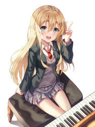 Rule 34 | 1girl, :d, absurdres, arm at side, bad id, bad pixiv id, black jacket, blazer, blue eyes, blush, collared shirt, commentary request, from above, highres, huge filesize, instrument, jacket, k-on!, kerno, kotobuki tsumugi, long sleeves, looking at viewer, looking up, miniskirt, necktie, open clothes, open jacket, open mouth, piano, piano bench, plaid, plaid skirt, pleated skirt, purple skirt, red necktie, school uniform, shirt, simple background, sitting, skirt, smile, solo, sweater vest, thick eyebrows, thigh gap, v, white background, white shirt