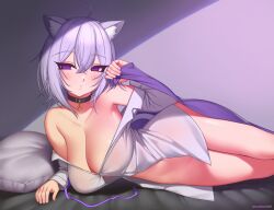 Rule 34 | 1girl, ahoge, animal ear fluff, animal ears, armpits, artist name, bare shoulders, black choker, blush, breasts, cat ears, cat girl, cat tail, choker, cleavage, collarbone, hair between eyes, hololive, indoors, kuroonehalf, large breasts, light particles, long sleeves, looking at viewer, lying, medium hair, navel, nekomata okayu, nekomata okayu (oversized shirt), no panties, no pants, off shoulder, on bed, on side, parted lips, partially unbuttoned, pillow, purple eyes, purple hair, shirt, solo, tail, thighs, under covers, virtual youtuber, white shirt