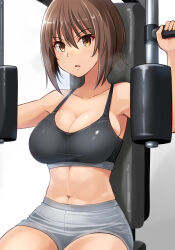 1girl bike_shorts black_bra black_sports_bra bra breasts brown_eyes exercise_machine exercising girls_und_panzer grey_shorts gym_shorts gym_uniform highres kitayama_miuki navel nishizumi_maho short_hair shorts sitting sports_bra steaming_body sweat underwear white_background