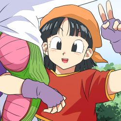 Rule 34 | 1boy, 1girl, arm at side, arm huf, bandana, black eyes, black hair, blunt bangs, bush, colored skin, crop top, dragon ball, dragon ball gt, fingerless gloves, flat chest, gloves, green skin, hair behind ear, hair strand, hand up, height difference, lado (rado), leaf, light blue background, light blush, locked arms, muscular, muscular male, open mouth, orange bandana, out of frame, pan (dragon ball), piccolo, purple gloves, short hair, shoulder pads, simple background, smile, straight hair, teeth, v