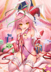 Rule 34 | &gt;:d, 1girl, :d, animal ears, bare shoulders, bell, blush, bow, bowtie, box, breasts, curtains, detached collar, fake animal ears, frilled thighhighs, frills, gift, gift box, hair ornament, hand to own mouth, hat, leotard, looking at viewer, open mouth, original, pink hair, playboy bunny, rabbit ears, ribbon, santa hat, shoes, single shoe, sitting, small breasts, smile, solo, sorimura youji, stuffed animal, stuffed rabbit, stuffed toy, thighhighs, v-shaped eyebrows, wariza, white thighhighs, wrist cuffs, yellow eyes