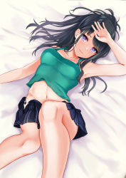 Rule 34 | 1girl, absurdres, arm up, armpits, bad id, bad pixiv id, bare arms, bare legs, bed, bed sheet, black hair, black skirt, breasts, clothes lift, collarbone, from above, green shirt, groin, hand over face, highres, idolmaster, idolmaster shiny colors, kazano hiori, knee up, light smile, long hair, looking at viewer, lying, mole, mole under mouth, mossan (mossan-777), navel, no panties, on back, on bed, pleated skirt, purple eyes, shirt, shirt lift, sidelocks, skirt, sleeveless, small breasts, solo, tank top, unfastened