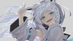 Rule 34 | 1girl, :d, ahoge, animal ear fluff, animal ears, anzi, arm up, armpits, blue eyes, blue nails, braid, commentary request, detached sleeves, floating hair, fox ears, grey background, hair between eyes, head tilt, highres, hololive, long hair, long sleeves, looking at viewer, nail polish, open mouth, shirakami fubuki, shirakami fubuki (1st costume), side braid, simple background, smile, solo, teeth, upper body, upper teeth only, very long hair, virtual youtuber, white hair, white sleeves, wide sleeves