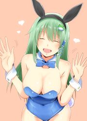 Rule 34 | 1girl, absurdres, animal ears, bare shoulders, blue leotard, blush, bow, bowtie, breasts, cleavage, closed eyes, covered navel, detached collar, fake animal ears, frog hair ornament, green hair, hair ornament, hair tubes, heart, highres, kochiya sanae, kyanta5354, large breasts, leotard, long hair, looking at viewer, open mouth, pink background, playboy bunny, rabbit ears, rabbit tail, simple background, single hair tube, smile, snake hair ornament, solo, strapless, strapless leotard, tail, touhou, traditional bowtie, upper body, wrist cuffs