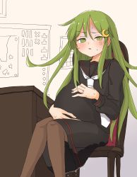 Rule 34 | 1girl, absurdres, giving birth, black sailor collar, black serafuku, black skirt, brown pantyhose, chair, commentary request, crescent, crescent hair ornament, green eyes, green hair, hair ornament, hands on own stomach, highres, jewelry, kantai collection, long hair, long sleeves, nagatsuki (kancolle), neckerchief, pantyhose, po0000000000, pregnant, ring, sailor collar, school uniform, serafuku, sitting, skirt, sweat, sweatdrop, water drop, wedding ring, white neckerchief
