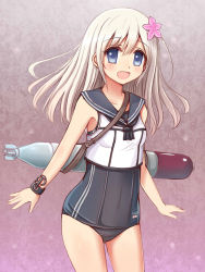 Rule 34 | 1girl, akisame rizu, blonde hair, blue eyes, cosplay, crop top, flower, hair flower, hair ornament, kantai collection, long hair, one-piece swimsuit, open mouth, ro-500 (kancolle), ro-500 (kancolle) (cosplay), sailor collar, school swimsuit, standing, swimsuit, swimsuit under clothes, u-511 (kancolle)