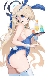 Rule 34 | 1girl, animal ears, ass, blonde hair, blue archive, blue eyes, blue leotard, bow, bowtie, braid, breasts, detached collar, earpiece, fake animal ears, halo, highres, hitachi sou, holding, holding tray, leotard, long hair, looking at viewer, medium breasts, multicolored hair, official alternate costume, playboy bunny, rabbit ears, solo, strapless, strapless leotard, streaked hair, thighhighs, toki (blue archive), toki (bunny) (blue archive), tray, v, very long hair, white thighhighs, white wrist cuffs, wrist cuffs