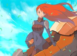 Rule 34 | 1girl, blue eyes, blue sky, bodysuit, closed mouth, cloud, commentary, covered navel, english commentary, floating hair, helmet, highres, holding, holding helmet, leaf, long hair, original, red hair, sky, smile, solo, standing, vins-mousseux
