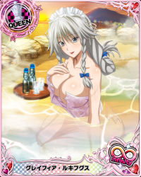 Rule 34 | 10s, 1girl, braid, breasts, card (medium), character name, chess piece, cleavage, female focus, grayfia lucifuge, grey eyes, grey hair, high school dxd, high school dxd infinity, large breasts, lipstick, long hair, maid headdress, makeup, matching hair/eyes, mature female, naked towel, official art, onsen, queen (chess), red lips, solo, towel, trading card, twin braids