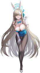 1girl animal_ears asuna_(blue_archive) asuna_(bunny)_(blue_archive) black_pantyhose blue_archive blue_eyes breasts cleavage fake_animal_ears full_body gloves highres large_breasts leotard long_hair mellozzo mole mole_on_breast pantyhose playboy_bunny solo standing very_long_hair white_background white_gloves