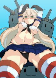 Rule 34 | 10s, 1girl, :3, arms up, black panties, blonde hair, blush, breasts, dafei, elbow gloves, frown, gloves, green eyes, hairband, kantai collection, long hair, looking at viewer, navel, panties, pantyshot, personification, rensouhou-chan, shimakaze (kancolle), simple background, skirt, solo, striped clothes, striped thighhighs, thighhighs, underboob, underwear, upskirt