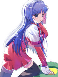 Rule 34 | 1girl, akayama yukihe, black thighhighs, blue eyes, blue hair, bow, bowtie, colored inner hair, commentary request, dress, hair intakes, highres, kanon, keropii, knee up, long hair, long sleeves, looking at viewer, minase nayuki, multicolored hair, pink hair, red bow, red bowtie, red dress, school uniform, simple background, solo, standing, stuffed animal, stuffed frog, stuffed toy, thighhighs, white background
