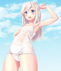 Rule 34 | 1girl, absurdres, alternate skin color, blonde hair, blue eyes, blue sky, breasts, cameltoe, cloud, covered erect nipples, cowboy shot, day, from below, highres, kantai collection, long hair, old school swimsuit, one-piece swimsuit, outdoors, ro-500 (kancolle), school swimsuit, sky, small breasts, solo, standing, swimsuit, takafumi, white one-piece swimsuit