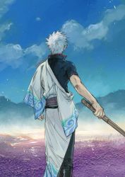 Rule 34 | 1boy, back, blue hair, bokken, clenched hand, cloud, cloudy sky, fog, gintama, hatching (texture), highres, holding, holding sword, holding weapon, japanese clothes, light blue hair, looking afar, male focus, moon, mountain, sakata gintoki, silhouette, sketch, sky, solo, standing, sword, toned, toned male, twitter username, uraki (tetsu420), water, weapon, wooden sword