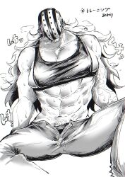 Rule 34 | 1boy, ame ekai, bara, bare arms, black tank top, breath, denim, facial hair, facial hair through mask, feet out of frame, goatee, greyscale, highres, hockey mask, huge pectorals, jeans, killer (one piece), long hair, looking at viewer, male focus, male pubic hair, male underwear, male underwear peek, mask, monochrome, muscular, muscular male, one piece, open fly, pants, pectoral cleavage, pectorals, pubic hair, sidepec, solo, spread legs, sweat, tank top, translation request, underwear, very sweaty