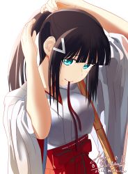 Rule 34 | 1girl, absurdres, adjusting hair, aqua eyes, artist name, artist request, black hair, blue eyes, blunt bangs, blush, bow, breasts, broom, close-up, female focus, fixing hair, flower, hair flower, hair ornament, hairclip, hakama, highres, japanese clothes, kanzashi, kimono, kurosawa dia, long hair, long sleeves, looking at viewer, love live!, love live! school idol festival, love live! sunshine!!, medium breasts, miko, mole, mole under mouth, mouth hold, parted lips, ponytail, red bow, red hakama, red ribbon, ribbon, smile, solo, tassel, white background, white kimono, wide sleeves, zakimpo
