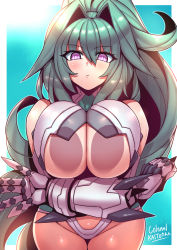 Rule 34 | 1girl, against fourth wall, bare shoulders, bikini, blue background, blush, breast press, breasts, closed mouth, commentary request, commission, cowboy shot, crossed arms, elbow gloves, gloves, green hair, green heart (neptunia), groin, hair between eyes, hair intakes, highres, large breasts, leaning forward, long hair, looking at viewer, neptune (series), ponytail, power symbol, power symbol-shaped pupils, purple eyes, restrained, revealing clothes, sidelocks, skeb commission, solo, standing, stationary restraints, stomach, swimsuit, symbol-shaped pupils, thigh gap, tukiwani, underboob, very long hair, white bikini, white gloves