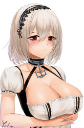 Rule 34 | 1girl, absurdres, artist name, azur lane, blush, breasts, cleavage, closed mouth, collarbone, crossed arms, hairband, highres, ichikushi mojibake, large breasts, looking at viewer, maid, maid headdress, red eyes, shadow, short hair, silver hair, sirius (azur lane), solo, upper body, white background