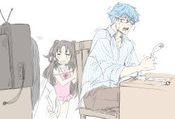 Rule 34 | 1boy, 1girl, aged up, babydoll, bare shoulders, black hair, blue hair, blue shirt, breasts, chair, chest tattoo, crossover, desk, double bun, dress swimsuit, eyewear strap, facial mark, fate/grand order, fate (series), forehead mark, glasses, hair bun, hans christian andersen (adult) (fate), hans christian andersen (fate), highres, long hair, long sleeves, one-piece swimsuit, open mouth, parted bangs, pink babydoll, pink one-piece swimsuit, quill, sessyoin kiara, sessyoin kiara (lily), shirt, short hair, sitting, small breasts, striped clothes, striped shirt, sweatdrop, swimsuit, tattoo, television, the ring, through medium, through screen, very long hair, wavy hair, whoosaku, yamamura sadako, yellow eyes