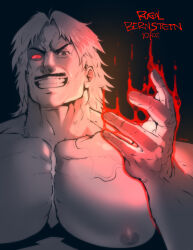 Rule 34 | 1boy, bara, character name, dated, facial hair, highres, large pectorals, looking at viewer, magic, male focus, muscular, muscular male, mustache, nipples, pectorals, rugal bernstein, rybiok, short hair, smile, solo, teeth, the king of fighters, the king of fighters &#039;94