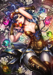 Rule 34 | 1girl, apple, armor, belt, black eyes, black hair, blue bow, blue hair, blue ribbon, boots, bow, buckle, coga, collarbone, cross-laced clothes, eyebrows, flower, food, fruit, gem, goggles, goggles on head, hair bow, holding, leather, leather boots, lens flare, looking at viewer, lying, mole, mole under eye, on back, original, pantyhose, puffy short sleeves, puffy sleeves, ribbon, rose, short sleeves, snow white, snow white and the seven dwarfs, solo, striped clothes, striped pantyhose, striped sleeves, striped thighhighs, thick eyebrows, thigh boots, thighhighs, vertical-striped clothes, vertical-striped pantyhose, water drop, white flower, white rose, wristband