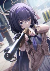Rule 34 | 1girl, blue archive, blurry, blurry background, brown sweater, closed mouth, gun, hair between eyes, hairband, halo, highres, holding, holding gun, holding weapon, light smile, long hair, outdoors, purple eyes, purple hair, purple hairband, skirt, smile, solo, sweater, ui (blue archive), weapon, white skirt, xaiqi