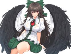 Rule 34 | 1girl, :p, absurdres, black hair, black wings, blush, bow, breasts, cape, commentary request, feathered wings, green bow, green skirt, hair between eyes, hair bow, highres, large breasts, long hair, looking at viewer, miniskirt, puffy short sleeves, puffy sleeves, red eyes, reiuji utsuho, shirt, short sleeves, simple background, sitting, skirt, smile, solo, suiroh (shideoukami), thighs, tongue, tongue out, touhou, very long hair, wet, wet clothes, wet shirt, white background, white cape, white shirt, wings