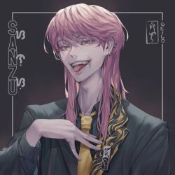 Rule 34 | 1boy, ear piercing, formal, green eyes, grin, looking at viewer, male focus, necktie, non-web source, piercing, pink hair, pointing, pointing at self, sanzu haruchiyo, scar, scar on face, smile, suit, tokyo revengers, tongue, tongue out, upper body, wolf cut, yellow necktie