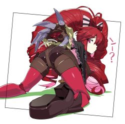 Rule 34 | 10s, 1girl, ?, akiot, all fours, antenna hair, ass, big hair, blush, blush stickers, bow, capelet, claw (weapon), crawling, doll joints, dress, drill hair, from behind, hair bow, hairband, high heels, highres, joints, long hair, long sleeves, looking at viewer, looking back, micha jawkan, multicolored hair, pale skin, pink hair, profile, red eyes, red hair, ribbon, senki zesshou symphogear, sharp teeth, shoes, solo, teeth, text focus, twin drills, twintails, two-tone hair, very long hair, weapon, white background