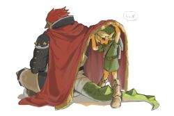 Rule 34 | 2boys, armor, arms up, backlighting, bandaged tail, bare arms, belt, black jacket, blonde hair, blue eyes, boots, cape lift, commentary, fringe trim, from behind, ganondorf, green headwear, green tail, green tunic, grey pants, grrr0111, hat, height difference, indian style, jacket, knee boots, knee guards, link, lizard tail, looking down, male focus, multiple boys, nintendo, open mouth, pants, pauldrons, pointy ears, pointy nose, red hair, short hair, short sleeves, shoulder armor, simple background, sitting, standing, symbol-only commentary, tail, the legend of zelda, white background