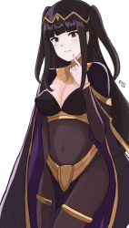 Rule 34 | 1girl, bangle, black eyes, black hair, blunt bangs, blush, bodystocking, bodysuit, bracelet, breasts, bridal gauntlets, cape, circlet, cleavage, covered navel, cowboy shot, finger to face, fire emblem, fire emblem awakening, fire emblem heroes, hair ornament, highres, index finger raised, jewelry, kgctcg, light smile, long hair, looking at viewer, matching hair/eyes, medium breasts, nintendo, parted lips, simple background, skin tight, smile, solo, standing, tharja (fire emblem), tiara, two side up, white background