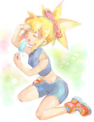 Rule 34 | 1girl, bike shorts, blonde hair, breasts, cleavage, closed eyes, commentary request, dinef, food, mega man (series), mega man legends (series), open mouth, popsicle, roll caskett (mega man), solo, sports bra